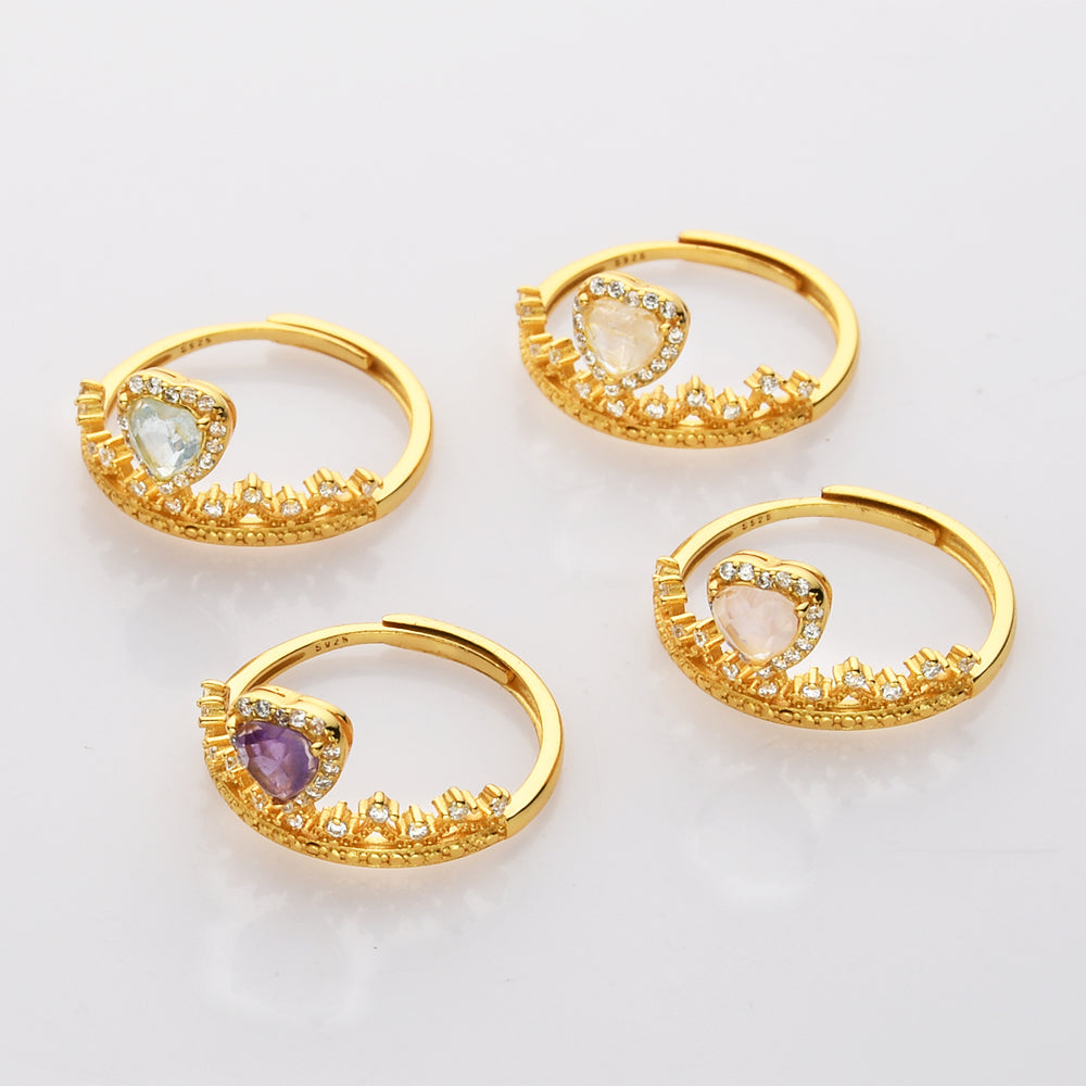 S925 Sterling Silver Gold Gemstone Heart Ring, Dainty CZ Crown Ring, Healing Crystal Amethyst Aquamarine Rose Quartz Moonstone Birthstone Ring Jewelry SS210