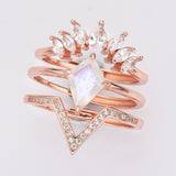 925 Sterling Silver Moonstone CZ Set Rings, Adjustable, Diamond Moonstone Ring, Zircon Crown Ring, V Shape CZ Ring SS243