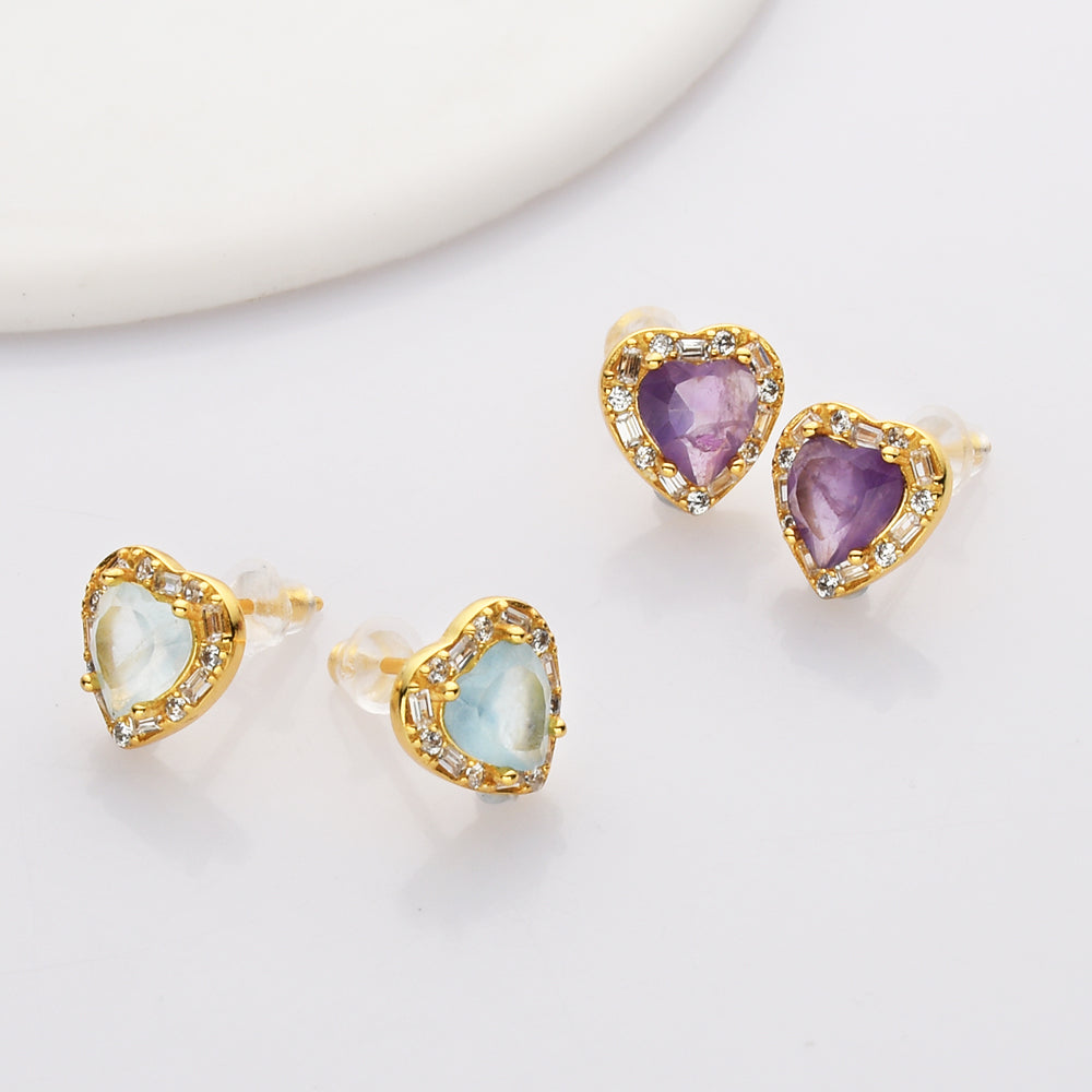 S925 Sterling Silver Gold CZ Heart Gemstone Stud Earrings, Dainty Earrings, Healing Crystal Amethyst Aquamarine Rose Quartz Moonstone Jewelry SS213 diamond Earrings
