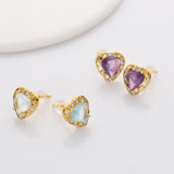 Gold - S925 Sterling Silver CZ Heart Gemstone Stud Earrings, Dainty Earrings, Healing Crystal Jewelry SS213RG