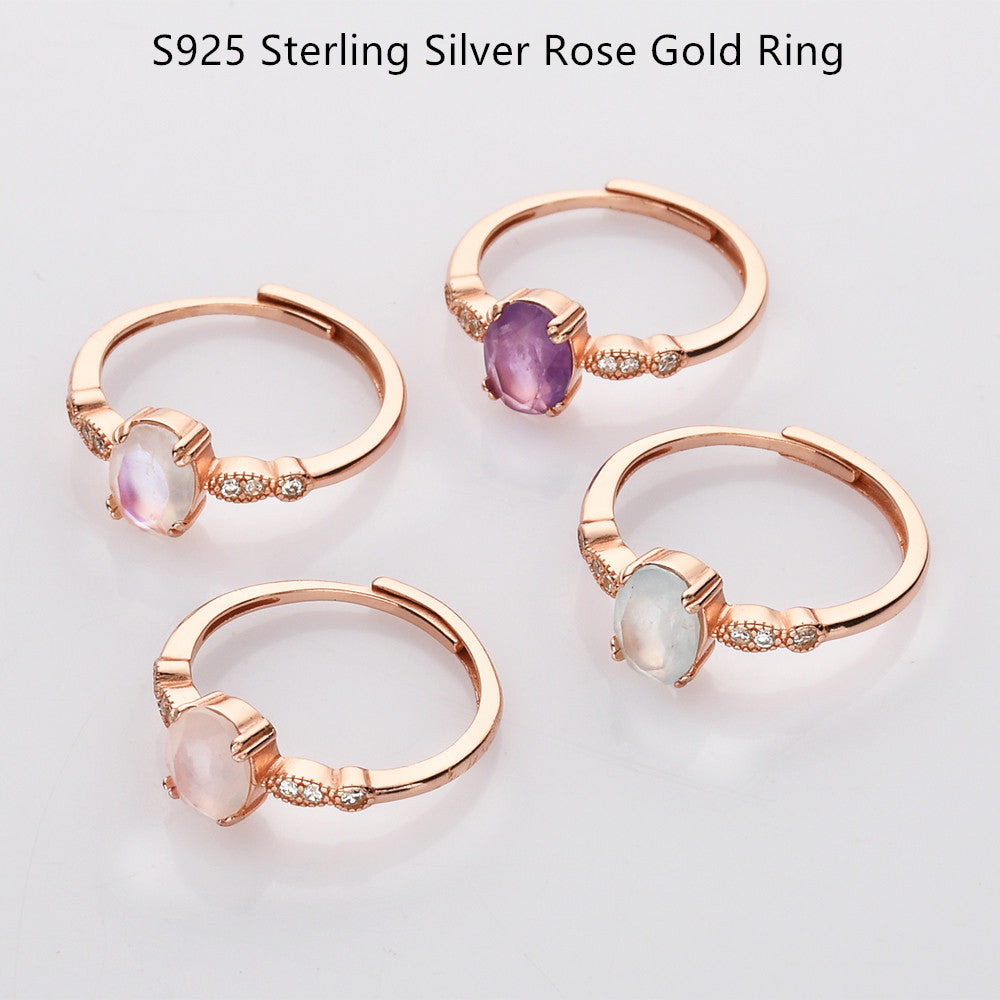 S925 Sterling Silver Rose Gold Oval Gemstone Ring, CZ Pave, Healing Crystal Amethyst Aquamarine Rose Quartz Moonstone Birthstone Ring, Dainty Jewelry SS209
