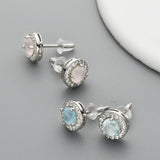 S925 Sterling Silver Round Gemstone Crystal CZ Micro Pave Stud Earrings, Dainty Jewelry SS216ES