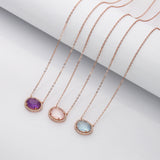 15" Rose Gold Plated Amethyst Moonstone Crystal Faceted Necklace CZ Micro Pave, 925 Sterling Silver Prong Jewelry For Women SS228NR