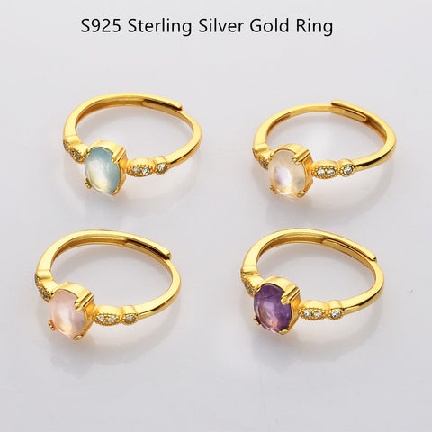 S925 Sterling Silver - Gold Oval Faceted Gemstone CZ Ring, Healing Crystal Jewelry SS207RG