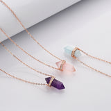 15" Rose Gold Moonstone Aquamarine Crystal Hexagon Point Necklace CZ Micro Pave, S925 Sterling Silver Necklace, Gemstone Dainty Jewelry SS225NR