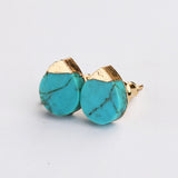 Gold Plated Cap Natural Pure Turquoise Stud Earrings, Gemstone Boho Jewelry G2077