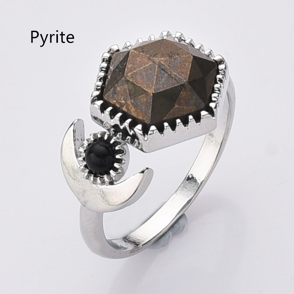 Pyrite Ring, Silver Plated Hexagon Gemstone Faceted Ring, Adjustable Open Ring, Natural Crystal Stone Jewelry WX2196