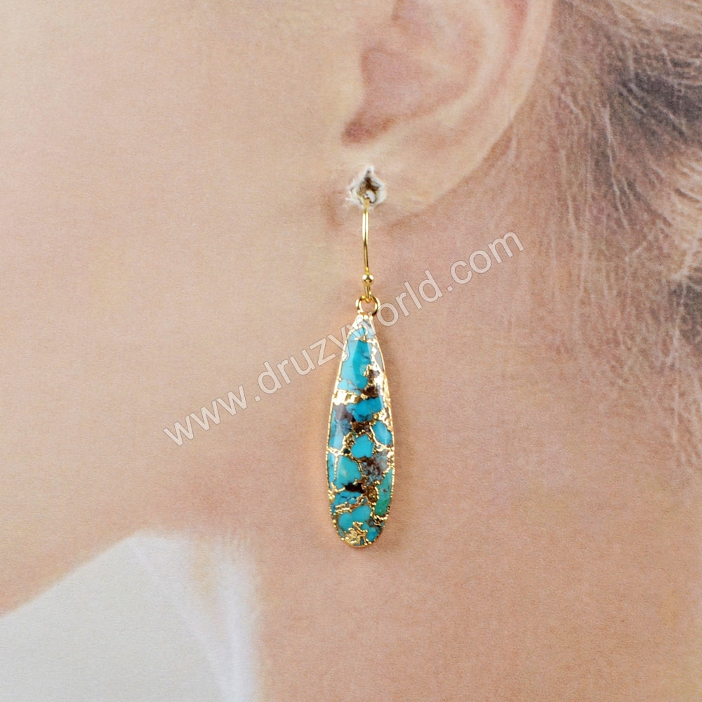 Long Teardrop Gold Plated Natural Copper Turquoise Dangle Earrings G1547-E
