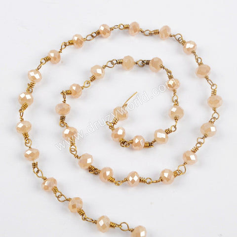 5m/lot,Gold Plated 6mm Champagne Crystal Faceted Rosary Chain JT203