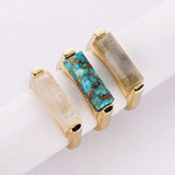 Gold Plated Natural Gemstone Crystal Rings Faceted Copper Turquoise Moonstone Labradorite Bar Ring ZG0463