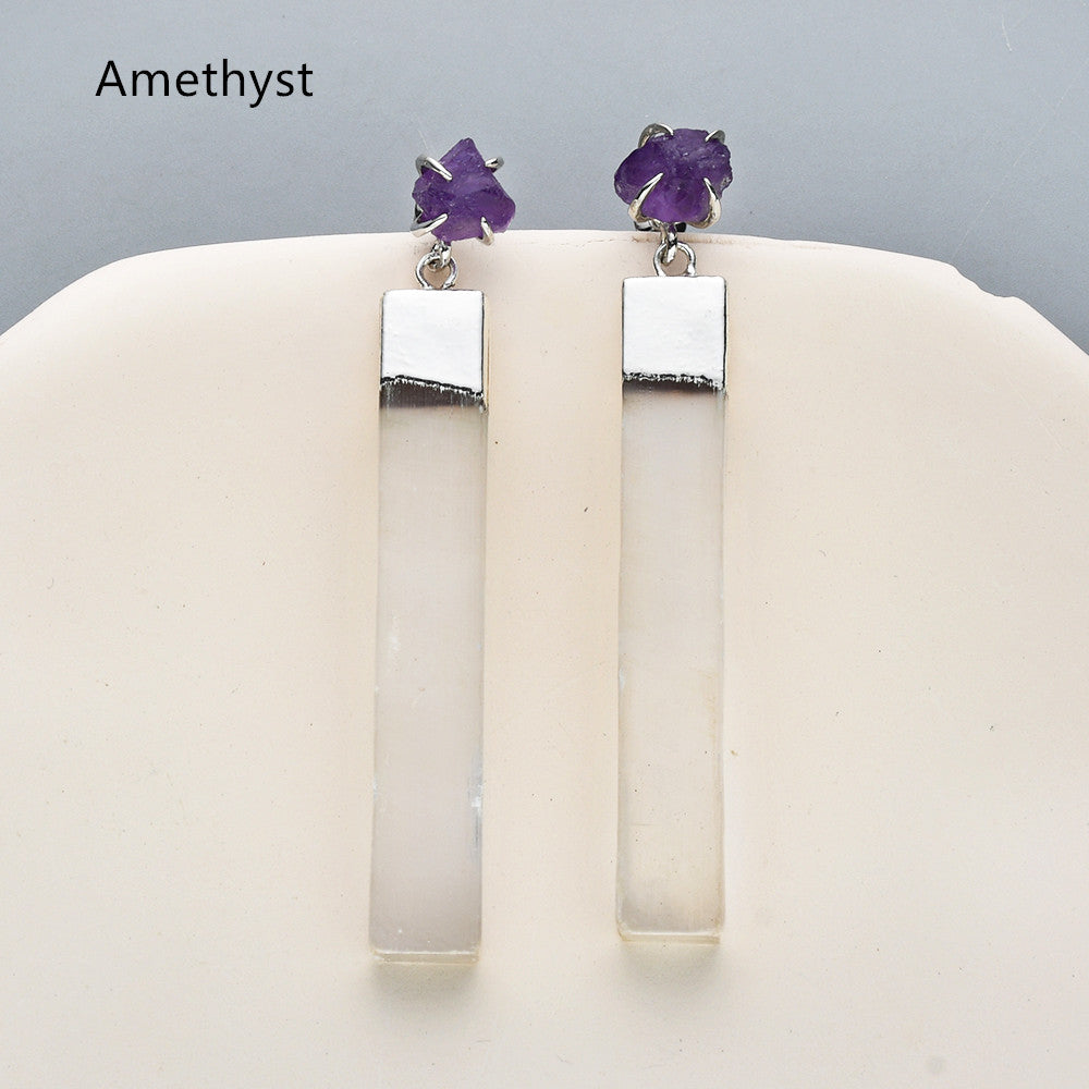 Silver Plated Claw Raw Crystal Chips & Selenite Bar Stud Earrings, Healing Gemstone Jewelry, Boho Stone Earrings ZS0491 Amethyst Earring