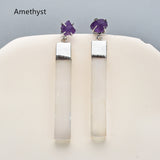 Silver Plated Claw Raw Crystal Chips & Selenite Bar Stud Earrings, Healing Gemstone Jewelry, Boho Stone Earrings ZS0491