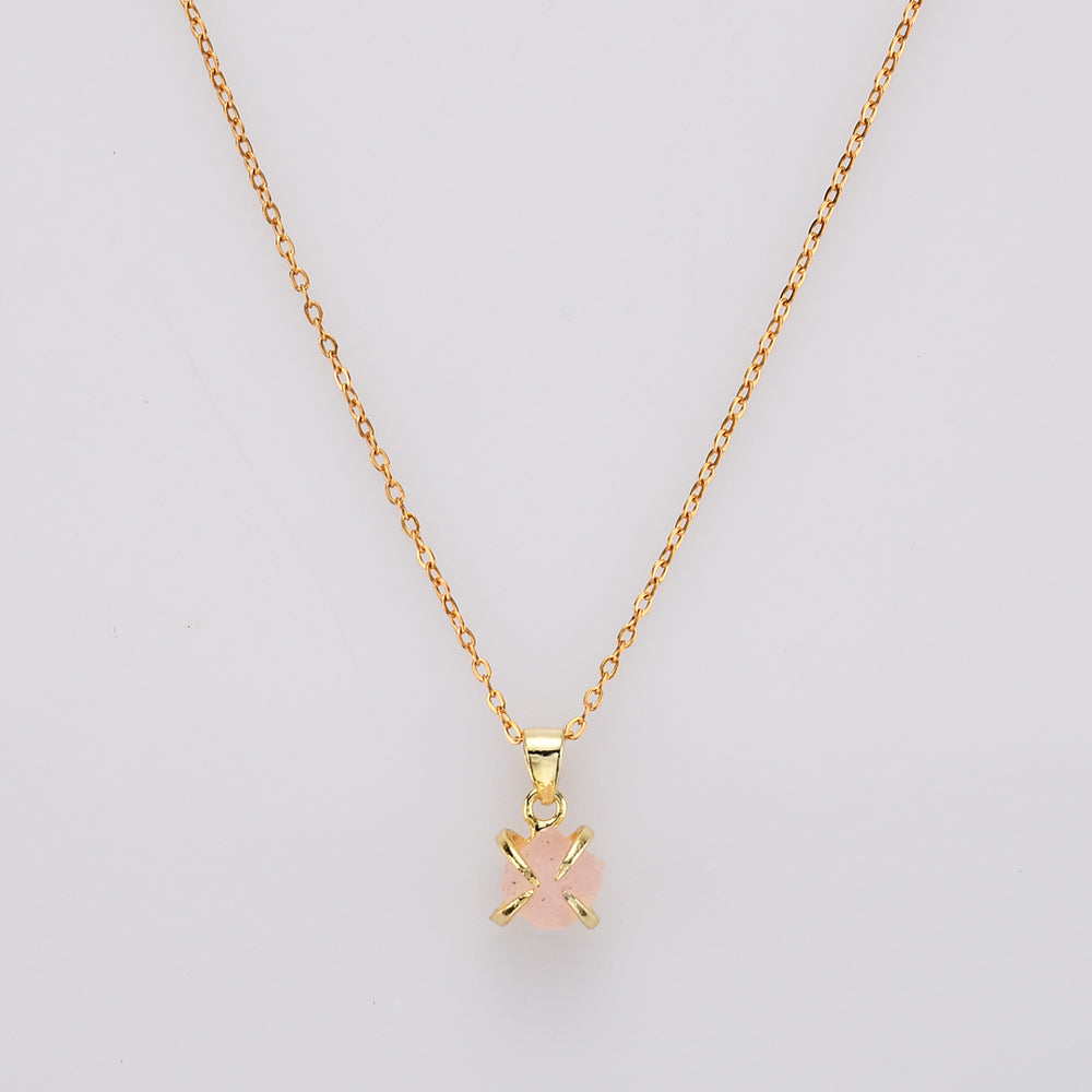 16" Gold Plated Claw Tiny Rainbow Natural Gemstone Necklace, Raw Healing Crystal Stone Pendant Necklace, Birthstone Necklace Jewelry ZG0479-N Rose Quartz Necklace