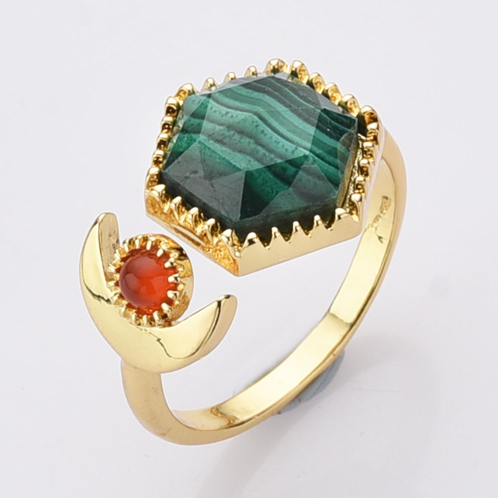 Hexagon Malachite Ring, Gold Plated Brass Gemstone Faceted Ring, Adjustable Open Ring, Natural Crystal Jewelry WX2195