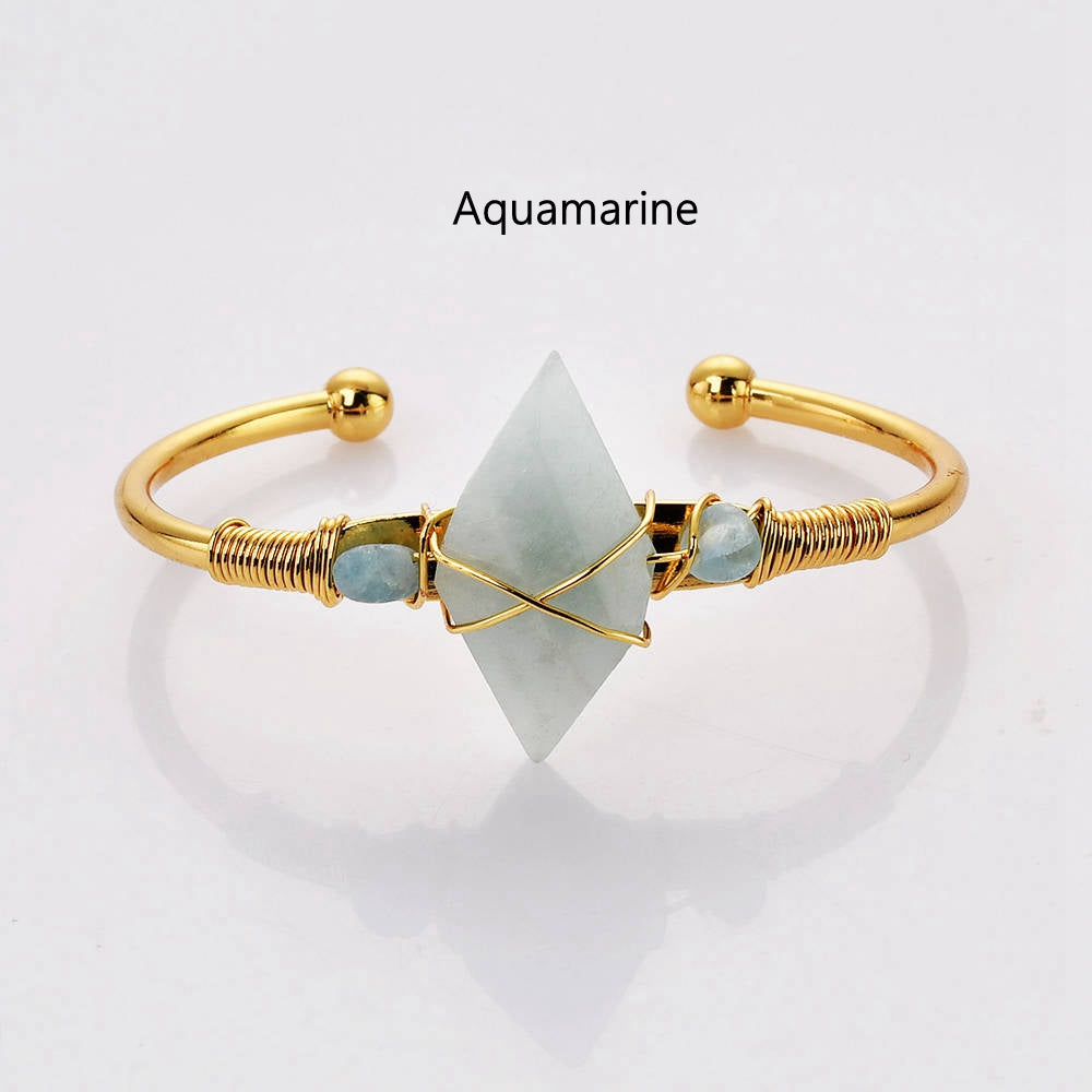 Diamond Shape Beads Gold Wire Wrap Gemstone Bracelet Crystal Stone Bracelet Jewelry WX2094 aquamarine bracelet