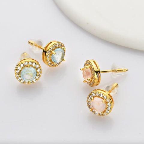 S925 Sterling Silver Gold Round Gemstone Crystal CZ Micro Pave Stud Earrings, Dainty Jewelry SS216EG