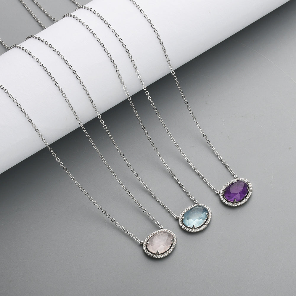 15" S925 Sterling Silver Prong CZ Gemstone Necklace, Micro Pave, Faceted Amethyst Aquamarine Rose Quartz Moonstone Necklace Jewelry SS229