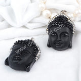 Big Frosted Black Obsidian Carved Buddha Head Rhinestone Pendant Bead JAB343