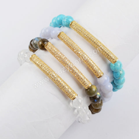 Gold Plated CZ Tube Bar With 8mm Gemstone Beads Bracelet G1475