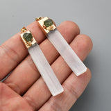 Gold Plated Natural Selenite Bar Pendant/Necklace, Pave Raw Gemstone Chips, Healing Crystal Boho Jewelry G2090