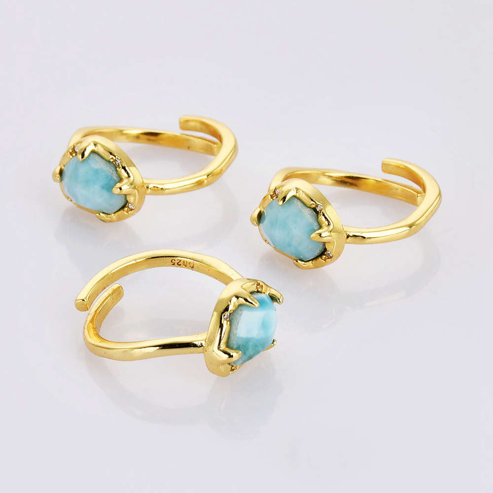 Adjustable Gold Plated Claw Bezel Gemstone Open Ring Natural Faceted Crystal Stone Rings ZG0477