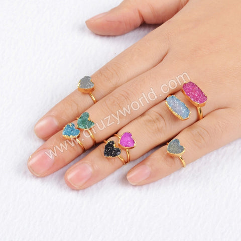 Tiny Small Size Rainbow Heart Druzy Geode Adjustable Knuckle Ring Gold Plated G0600