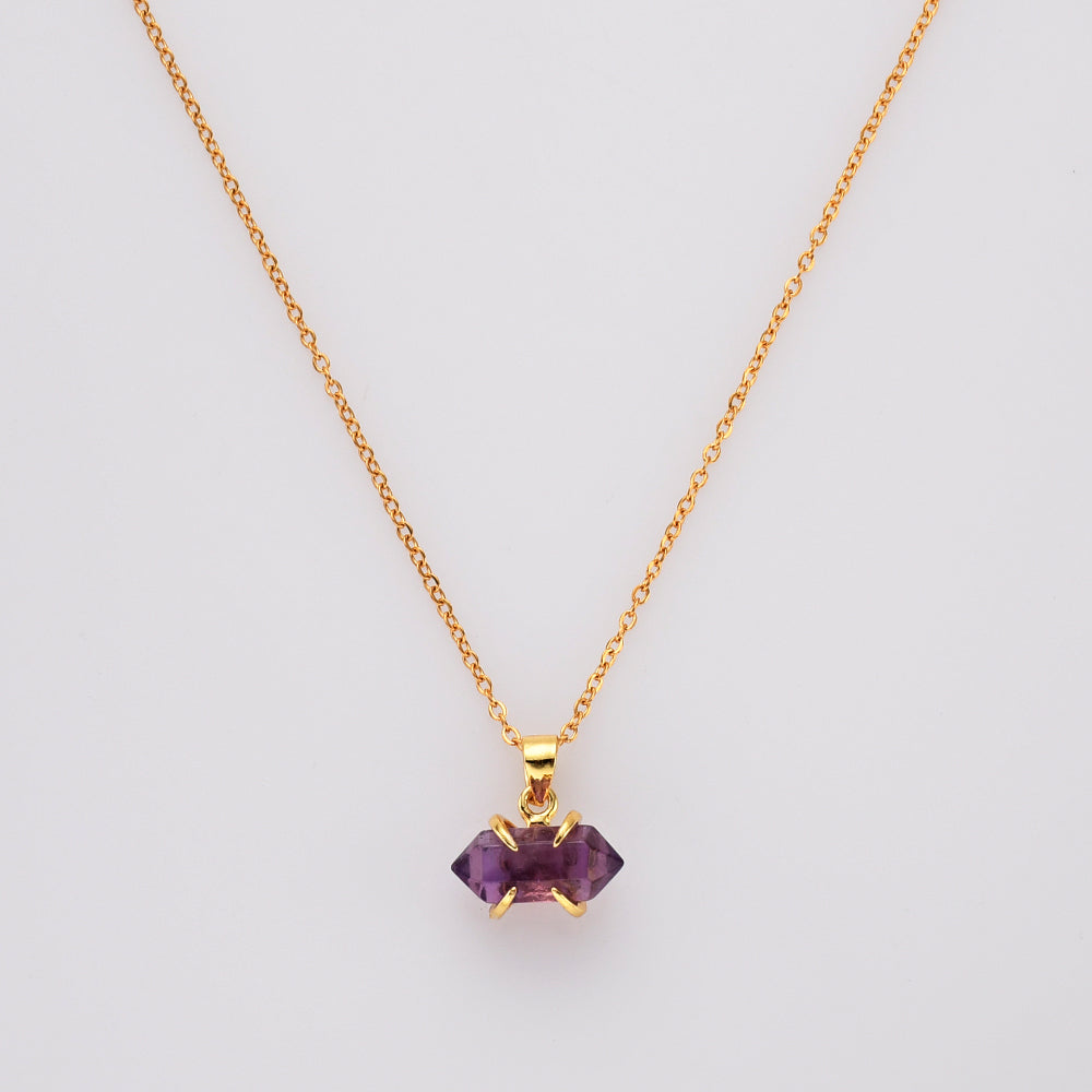 16" Tiny Gold Plated Claw Rainbow Natural Gemstone Necklace, Terminated Point, Faceted Healing Crystal Stone Necklace, Birthstone Jewelry ZG0480-N amethyst necklace