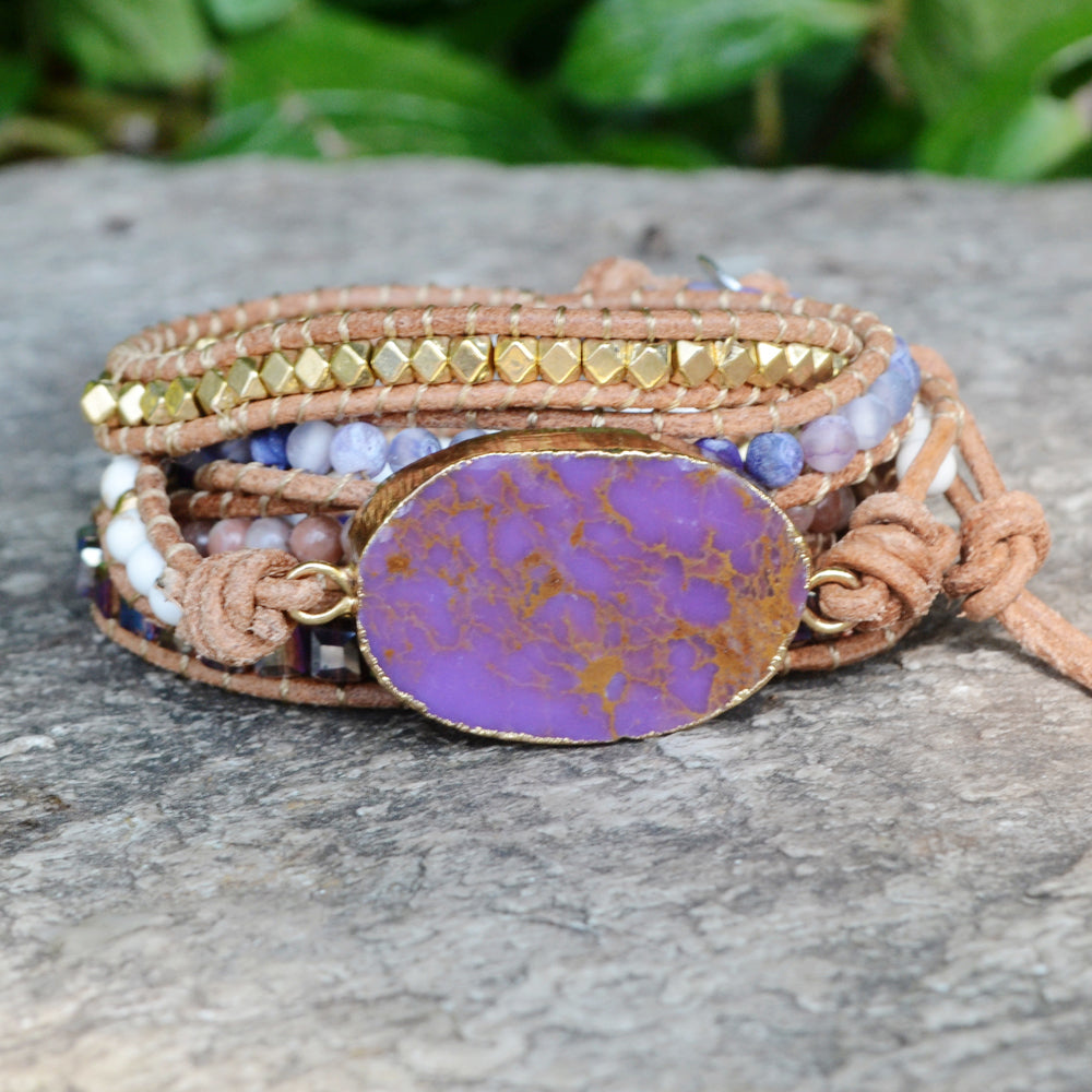 5 Layers Leather Purple Sea Sediment Jasper Rainbow Beads Bracelet Jewelry HD0041