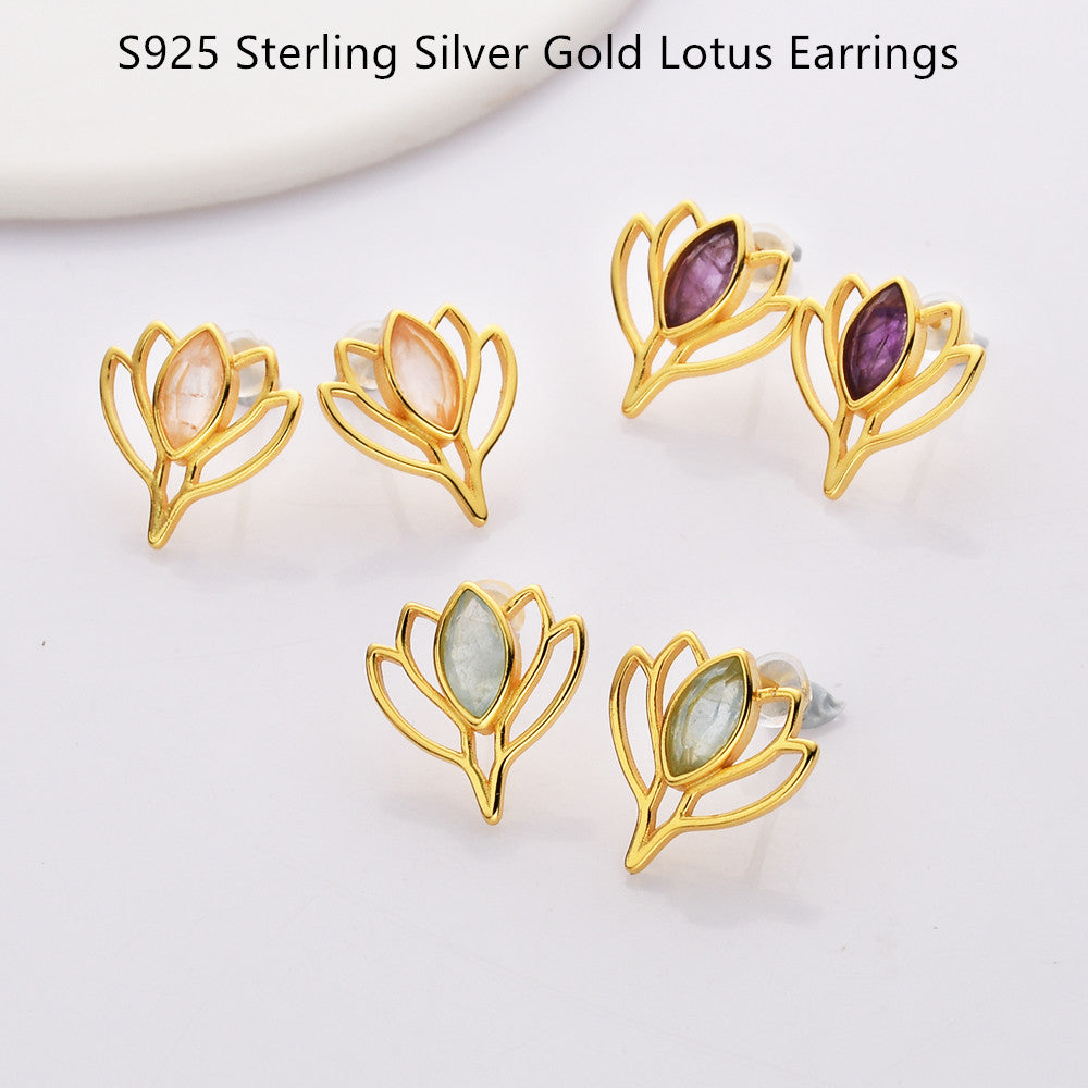 S925 Sterling Silver Gold Marquise Amethyst Aquamarine Rose Quartz Moonstone Lotus Flower Stud Earrings, Healing Gemstone Jewelry SS219