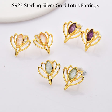 Gold Marquise Amethyst Aquamarine Moonstone Lotus Flower Stud Earrings S925 Sterling Silver Studs, Healing Crystal Jewelry Earring SS219RG