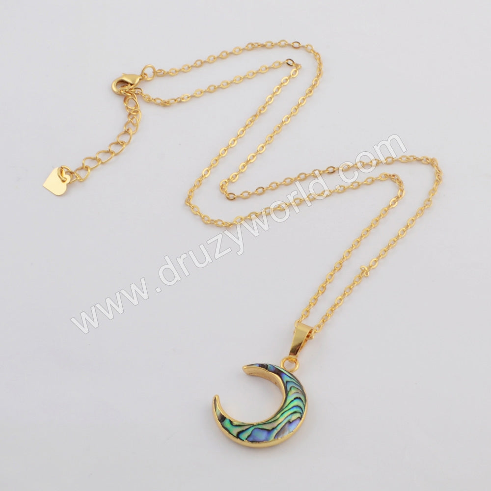 Crescent Gold Plated Abalone Shell Pendant, Abalone Moon Pendant Jewelry G1768
