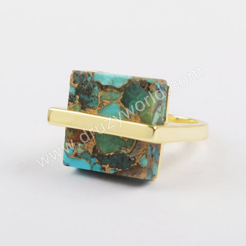 Square Gold Plated Bezel Natural Copper Turquoise Ring ZG0377