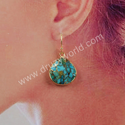 Gold Plated Copper Turquoise Faceted Teardrop Dangle Earrings G1858