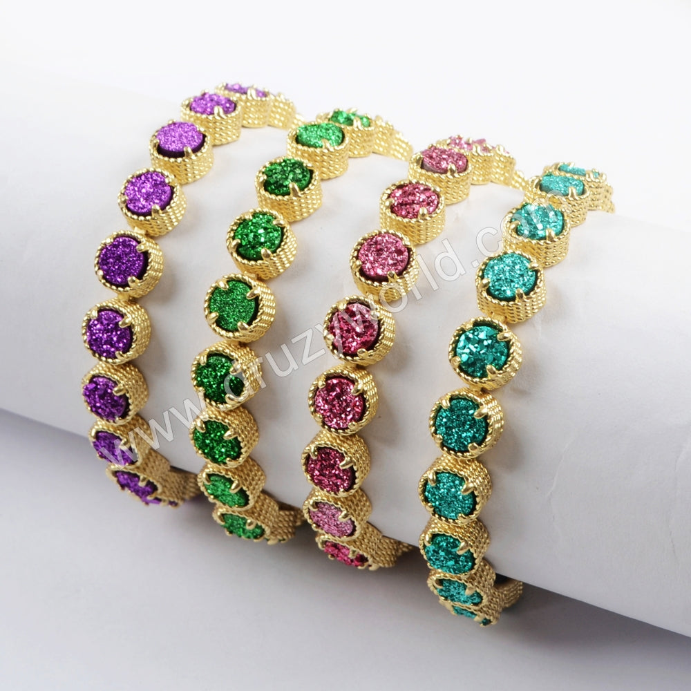 Gold Plated Round Titanium Rainbow Druzy Bracelets, Natural Drusy Crystal Tennis Bracelet ZG0354