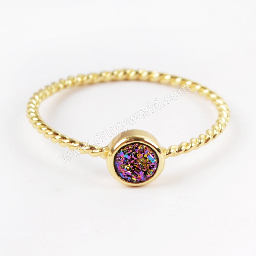 Small Round 4mm Gold Plated Natural Agate Titanium Rainbow Druzy Bezel Ring ZG0284