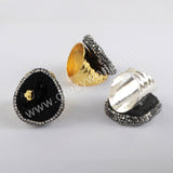 Rhinestone Pave Big Raw Titanium Black Druzy Crystal Slice Gold Band Ring JAB970