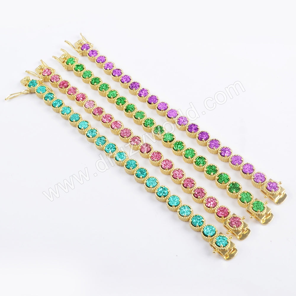 Gold Plated Round Titanium Rainbow Druzy Bracelets, Natural Drusy Crystal Tennis Bracelet ZG0354