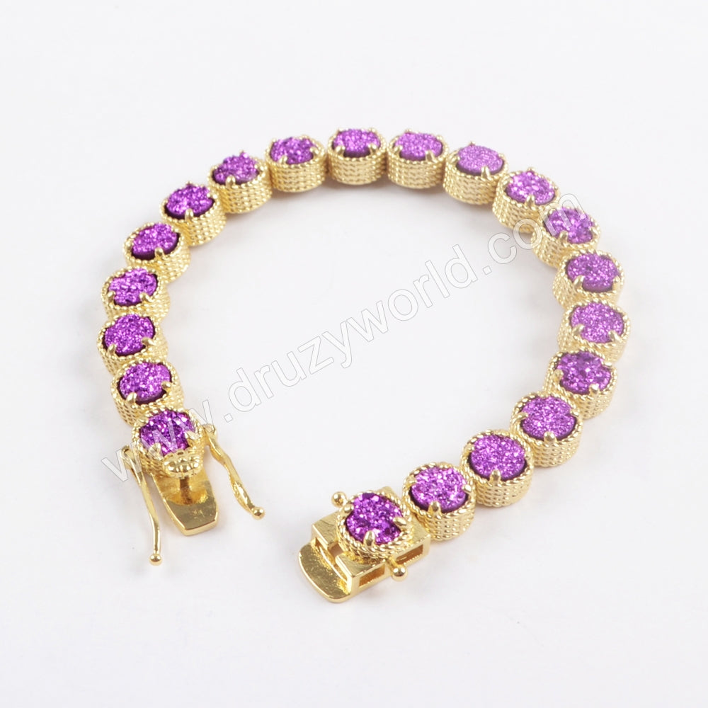 Gold Plated Round Titanium Rainbow Druzy Bracelets, Natural Drusy Crystal Tennis Bracelet ZG0354