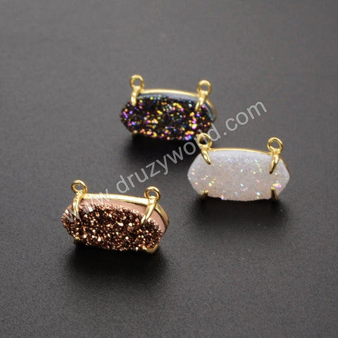 Small Hexagon Gold Plated Claw Natural Agate Titanium Druzy Connector, For Jewelry Making ZG0136