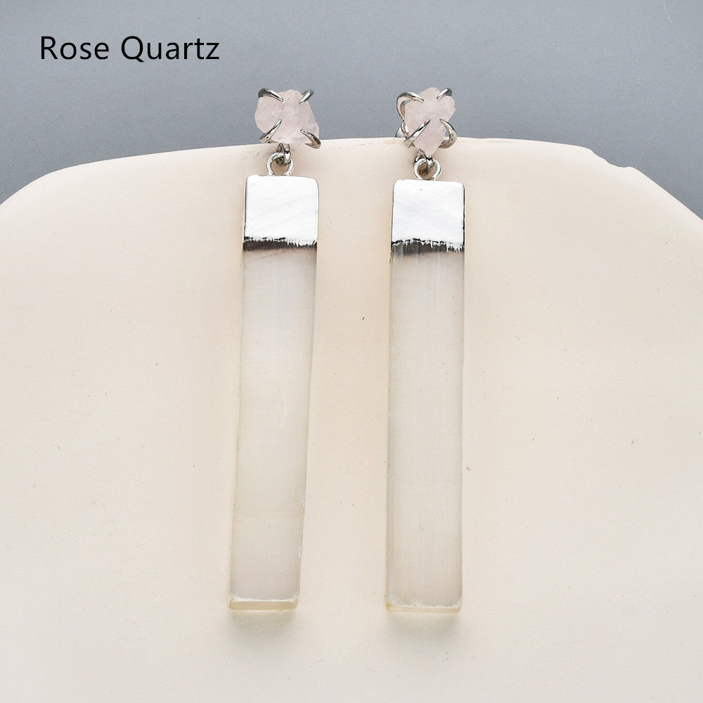 Silver Plated Claw Raw Crystal Chips & Selenite Bar Stud Earrings, Healing Gemstone Jewelry, Boho Stone Earrings ZS0491 Rose Quartz EArring