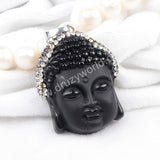 Big Frosted Black Obsidian Carved Buddha Head Rhinestone Pendant Bead JAB343