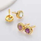 S925 Sterling Silver Gold Round Gemstone Crystal CZ Micro Pave Stud Earrings, Dainty Jewelry SS216EG