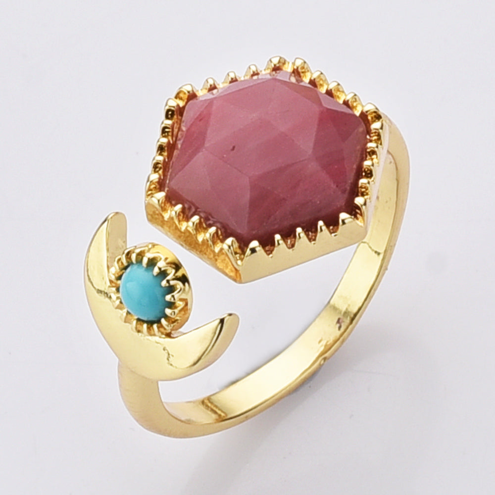 Hexagon Rhodonite Ring, Gold Plated Brass Gemstone Faceted Ring, Adjustable Open Ring, Natural Crystal Jewelry WX2195