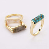 Gold Plated Natural Gemstone Crystal Rings Faceted Copper Turquoise Moonstone Labradorite Bar Ring ZG0463