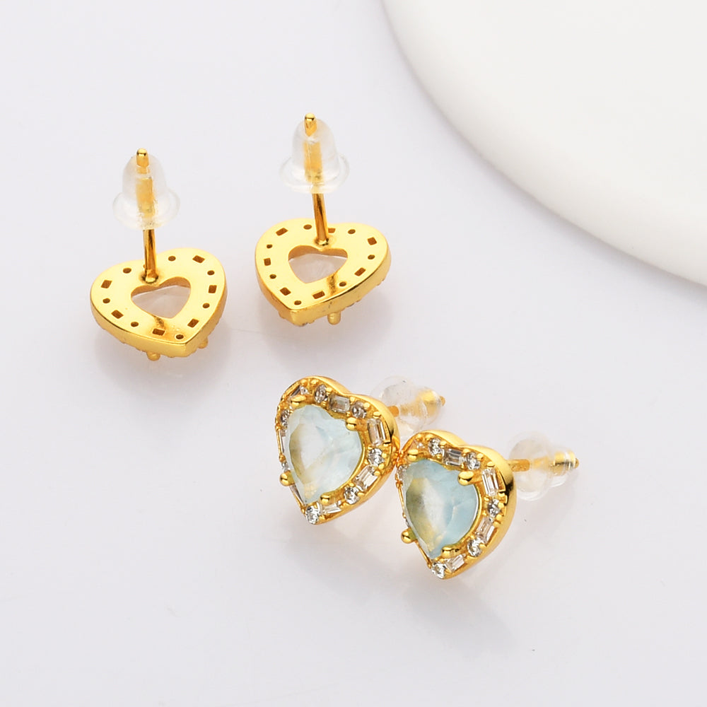 S925 Sterling Silver Gold CZ Heart Gemstone Stud Earrings, Dainty Earrings, Healing Crystal Amethyst Aquamarine Rose Quartz Moonstone Jewelry SS213 diamond Earrings