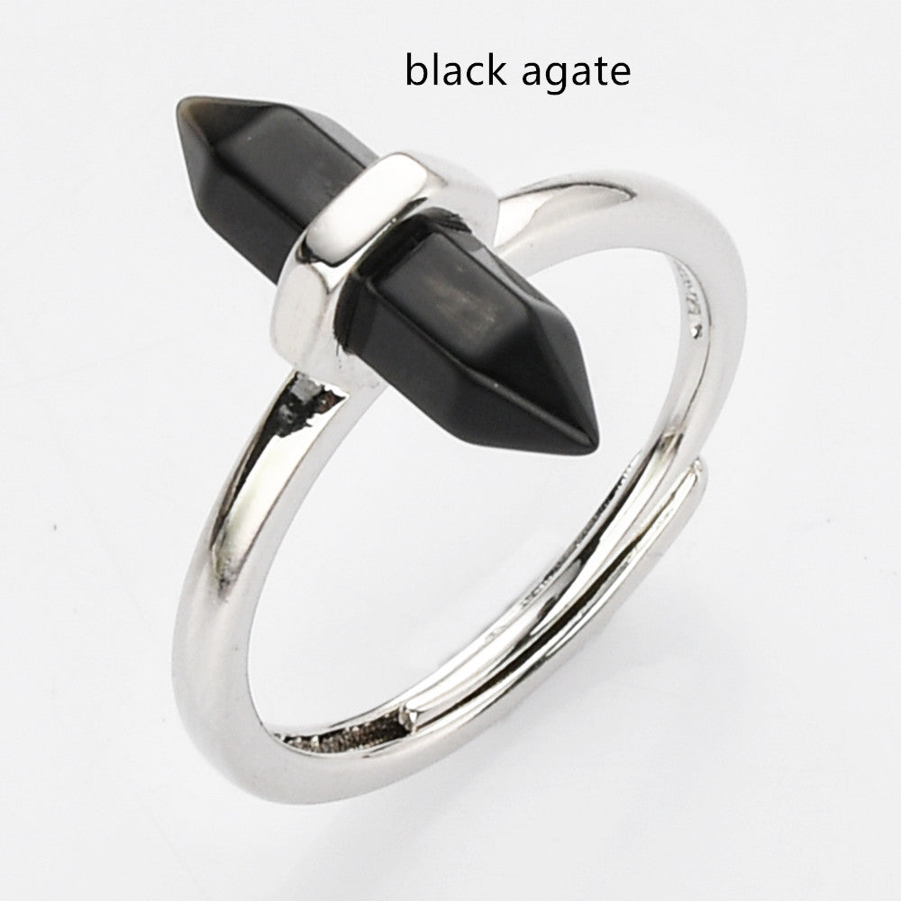 black agate crystal point silver ring
