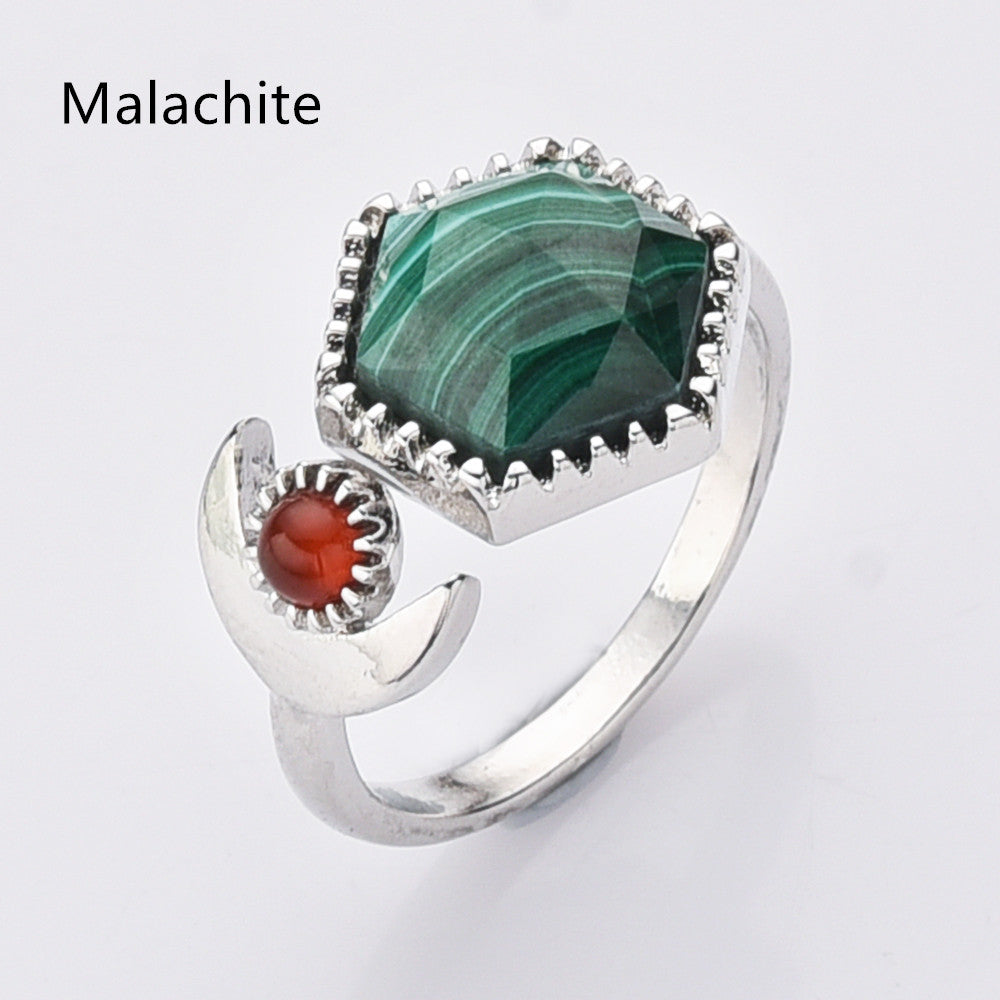 Malachite Ring, Silver Plated Hexagon Gemstone Faceted Ring, Adjustable Open Ring, Natural Crystal Stone Jewelry WX2196