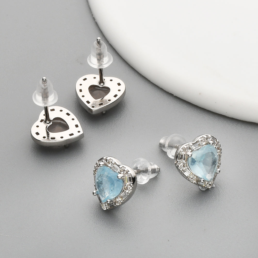S925 Sterling Silver CZ Heart Gemstone Stud Earrings, Dainty Earrings, Healing Crystal Amethyst Aquamarine Rose Quartz Moonstone Jewelry SS214 birthstone earrings