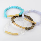 Gold Plated CZ Tube Bar With 8mm Gemstone Beads Bracelet G1475