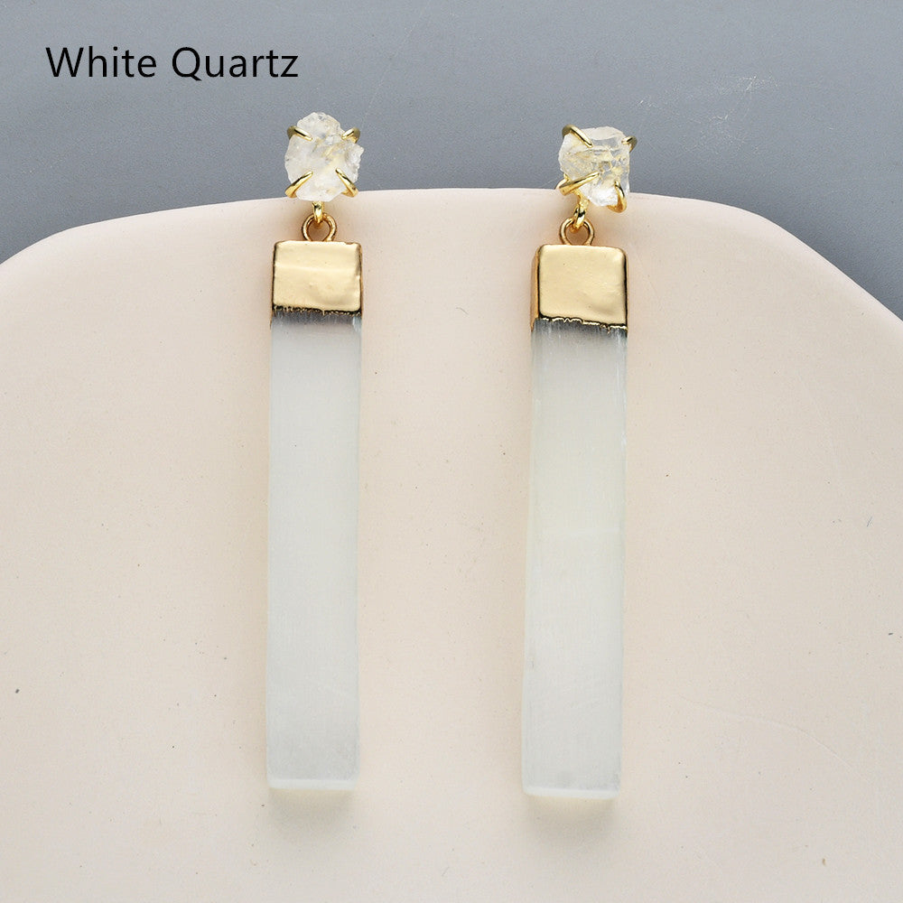 Gold Plated Claw Raw Gemstone Chips & Selenite Bar Stud Earrings, Healing Crystal Stone Jewelry, Boho Earrings ZG0491 White Quartz Earrings